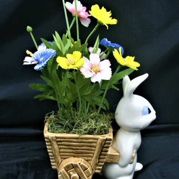 Vintage Bunny Rabbit and Cart Vase with Florals - Picture 6 of 8
